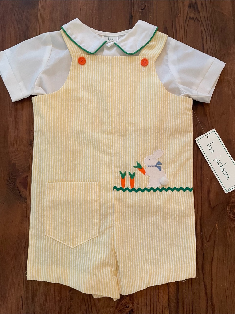 Yellow Seersucker Bunny Romper with White Collared Shirt Green Trim Vintage